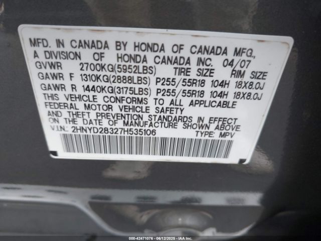 2007 ACURA MDX 2HNYD28327H535106 Photo 8