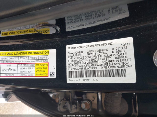 1HGCV1F43JA018309 Honda l15be