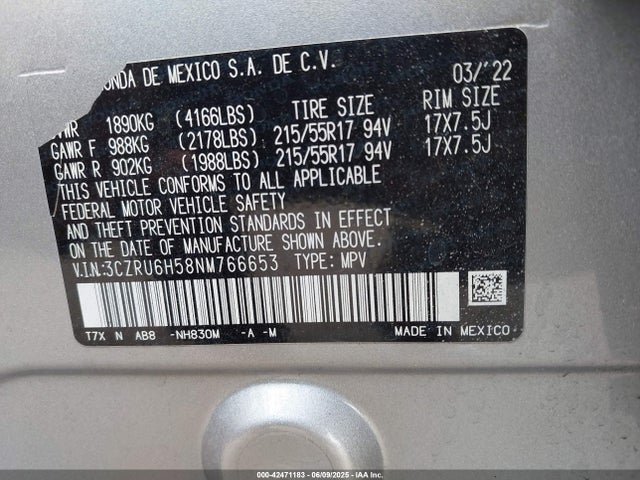 3CZRU6H58NM766653 Honda r18z9