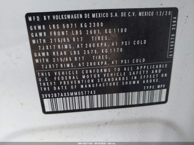 2021 VOLKSWAGEN TIGUAN 3VV2B7AX5MM057743 Photo 8
