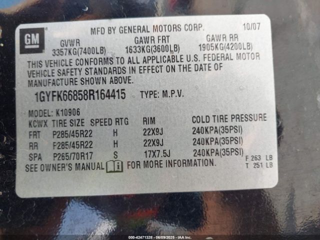 2008 CADILLAC ESCALADE ESV 1GYFK66858R164415 Photo 8