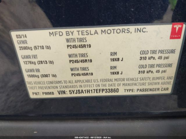 2014 TESLA MODEL S 5YJSA1H17EFP33860 Photo 8