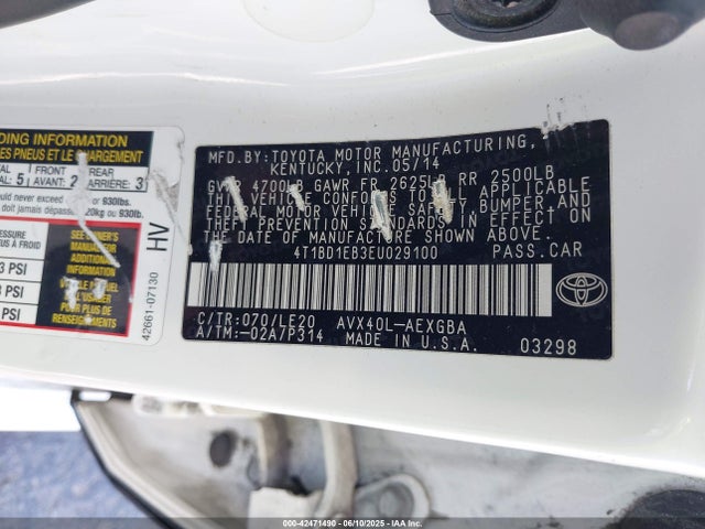 Toyota 2ar-fxe+2jm 2014 4T1BD1EB3EU029100 Image 9