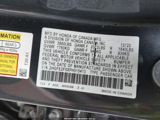 2023 HONDA CIVIC 2HGFE2F5XPH515413 Photo 8
