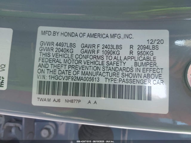 1HGCV3F92MA005613 Honda lfb2