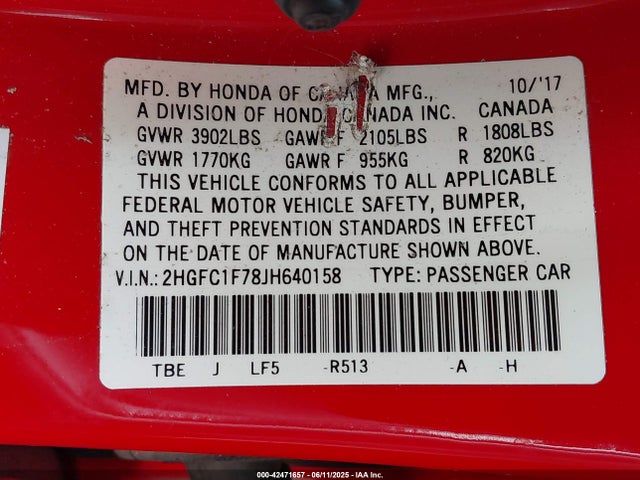 2HGFC1F78JH640158 Honda l15b7