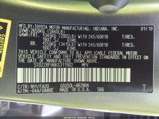 5TDZZRFH6KS311902 Toyota Highlander Le Plus