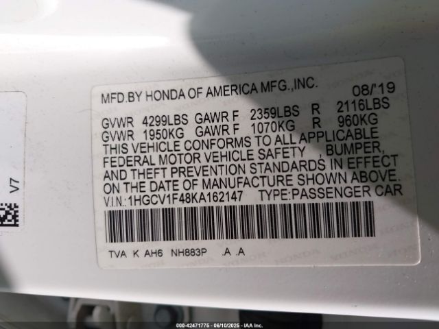 2019 HONDA ACCORD 1HGCV1F48KA162147 Photo 8