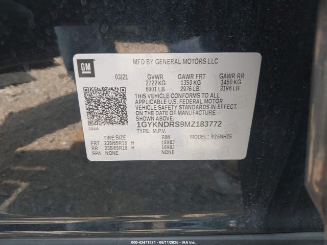 42471871 :رقم المزاد ، 1GYKNDRS9MZ183772 vin ، 2021 Cadillac Xt5 Awd Premium Luxury مزاد بيع
