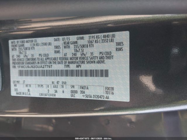 2016 FORD ESCAPE 1FMCU9J92GUA27797 Photo 8
