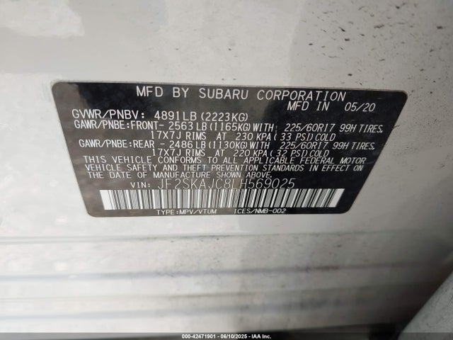 Subaru naturally aspirated u5 2020 JF2SKAJC8LH569025 Image 9