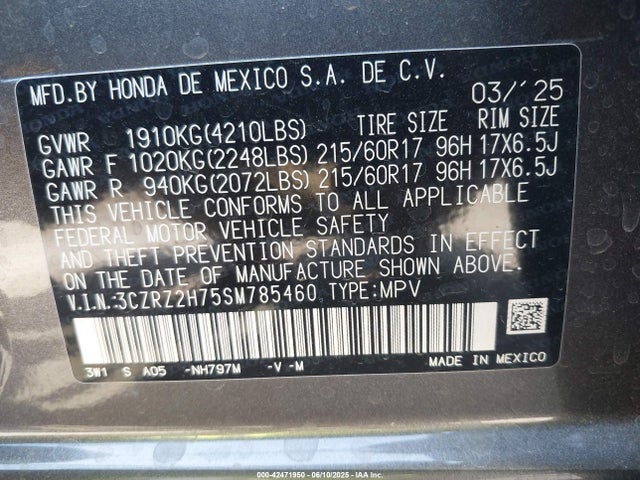 3CZRZ2H75SM785460 Honda k20z5