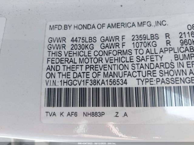 2019 HONDA ACCORD 1HGCV1F38KA156534 Photo 8