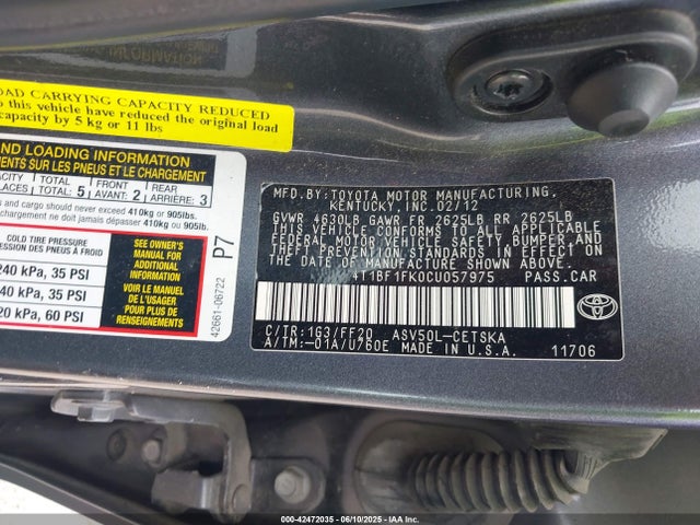 Продажа на аукционе авто 2012 Toyota Camry Se, vin: 4T1BF1FK0CU057975, номер лота: 42472035