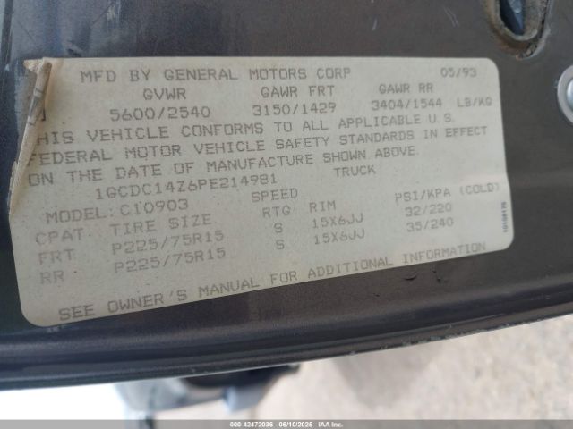 1993 CHEVROLET GMT-400 1GCDC14Z6PE214981 Photo 8