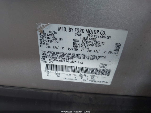 1FM5K8GT1GGC71242 Ford 2016