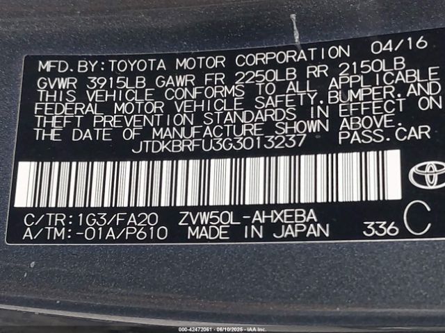 JTDKBRFU3G3013237 Toyota 2zr-fxe,1nm