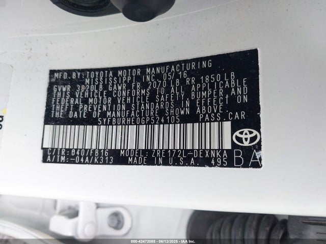 5YFBURHE0GP524105 Toyota 2zr-fe