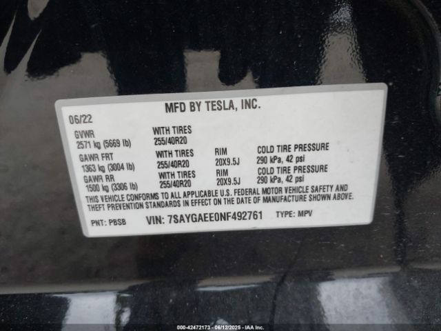2022 TESLA MODEL Y 7SAYGAEE0NF492761 Photo 8