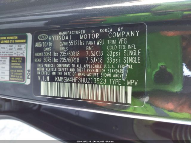 KM8SM4HF3HU213523 Hyundai gdi lambda ii