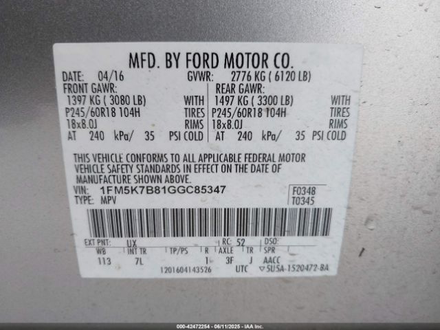2016 FORD EXPLORER 1FM5K7B81GGC85347 Photo 8