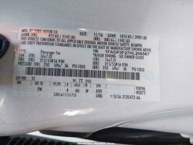 1FADP3F27HL206567 Ford FOCUS SE