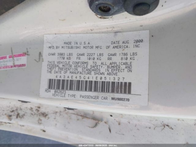 2001 MITSUBISHI ECLIPSE SPYDER 4A3AE45G41E051327 Photo 8