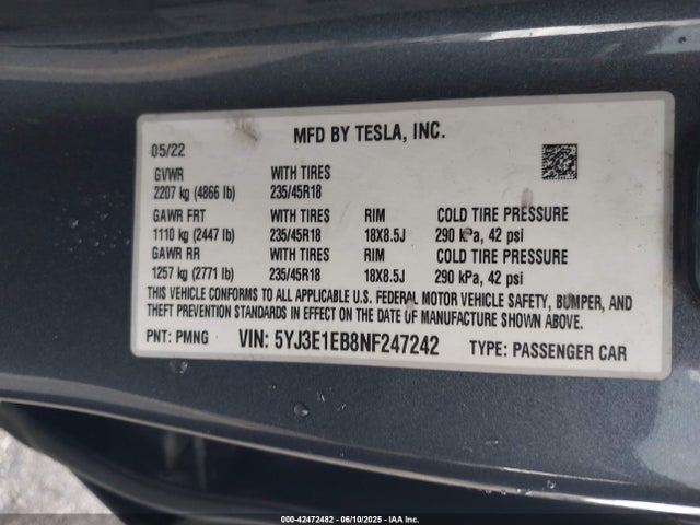 Tesla MODEL 3 2022 5YJ3E1EB8NF247242 Image 9