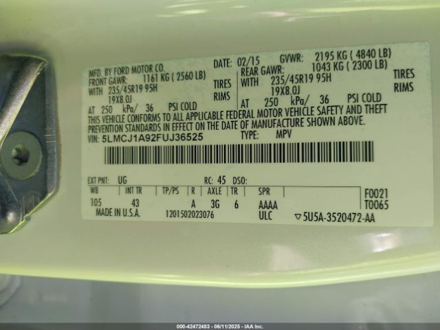 5LMCJ1A92FUJ36525 Lincoln 2015