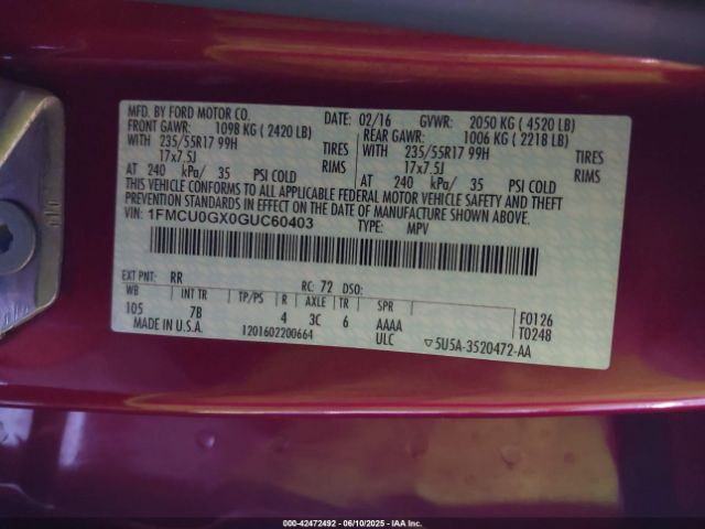 1FMCU0GX0GUC60403 Ford ESCAPE SE