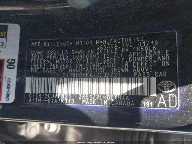 2019 TOYOTA COROLLA 2T1BURHEXKC237721 Photo 8