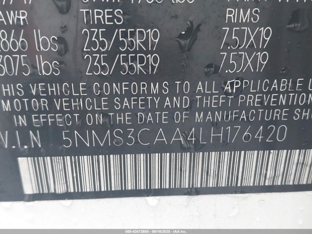 2020 HYUNDAI SANTA FE 5NMS3CAA4LH176420 Photo 8