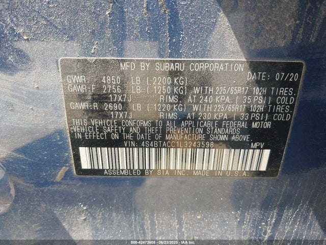 Aukcja sprzedaży 2020 Subaru Outback Premium, vin: 4S4BTACC1L3243598, numer aukcji: 42472605