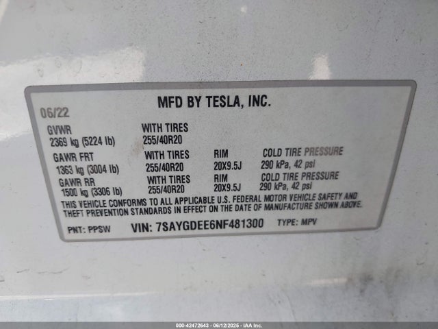 2022 TESLA MODEL Y 7SAYGDEE6NF481300 Photo 8