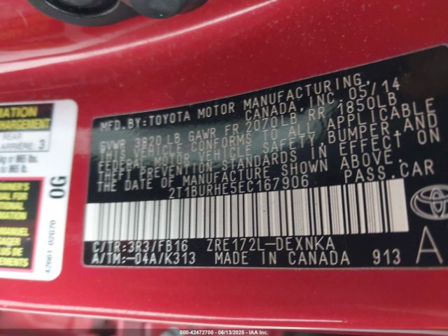 2T1BURHE5EC167906 Toyota 2zr-fe