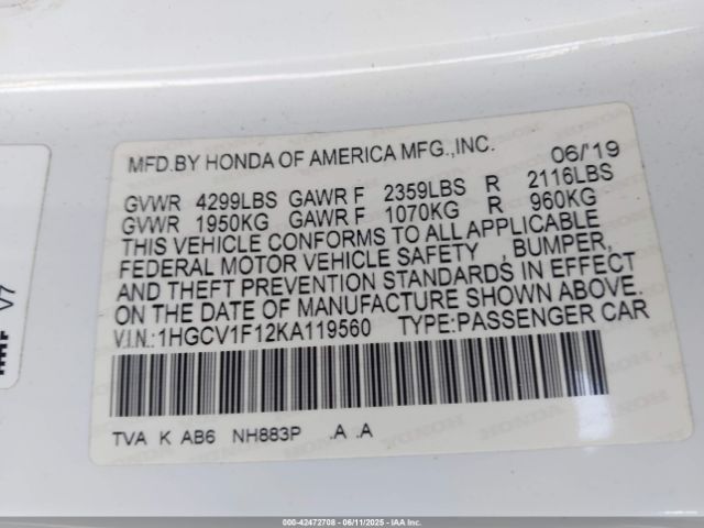 2019 HONDA ACCORD 1HGCV1F12KA119560 Photo 8