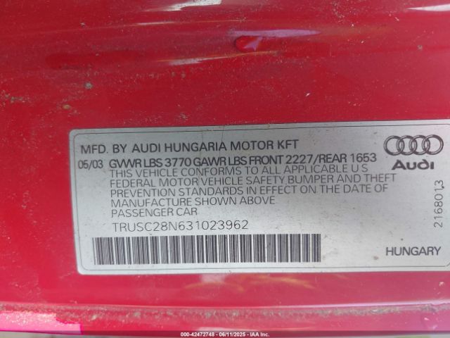 2003 AUDI TT TRUSC28N631023962 Photo 8