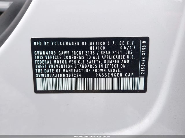 42472867 :رقم المزاد ، 3VW2B7AJ1HM397274 vin ، 2017 Volkswagen Jetta 1.4t S مزاد بيع