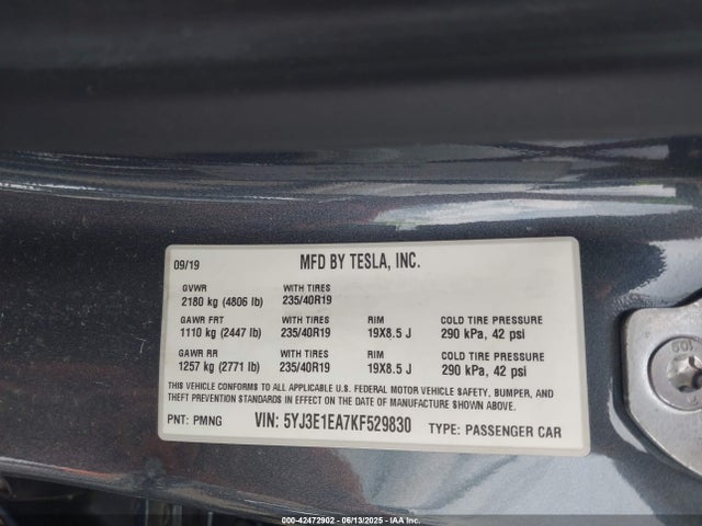 2019 TESLA MODEL 3 5YJ3E1EA7KF529830 Photo 8