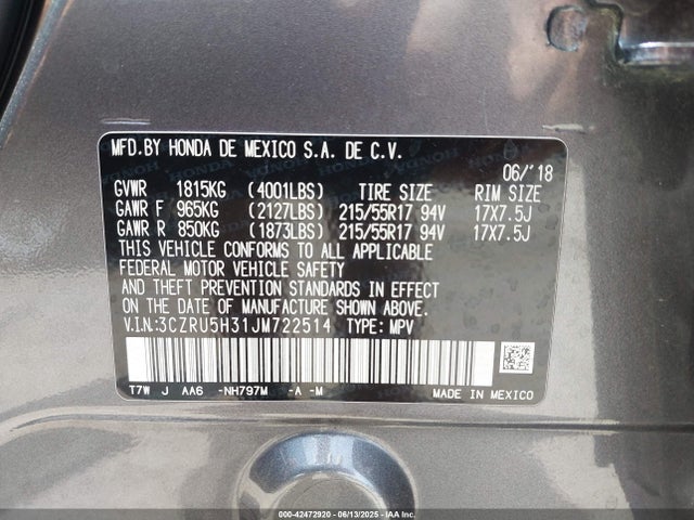 3CZRU5H31JM722514 Honda r18z9