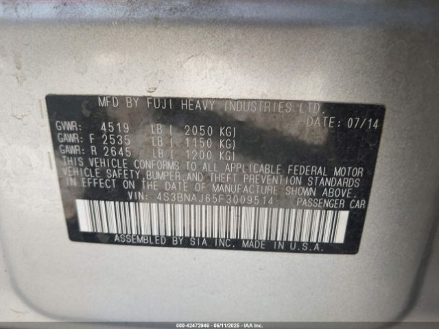4S3BNAJ65F3009514 Subaru 2.5l u5