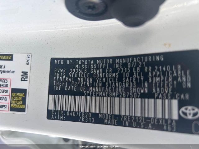 5YFEPMAE9MP267507 Toyota COROLLA LE