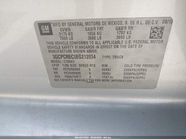 3GCPCREC0EG212834 Chevrolet l83 - vvt, afm (active fuel management), aluminum