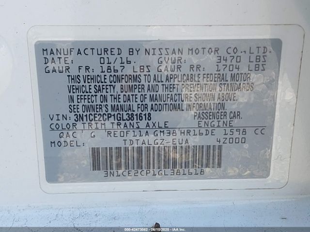 3N1CE2CP1GL381618 Nissan Versa Note Sr