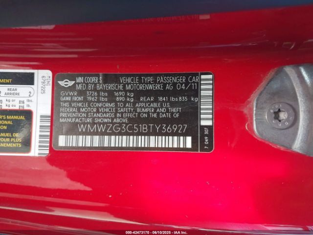 2011 MINI COOPER S CLUBMAN WMWZG3C51BTY36927 Photo 8