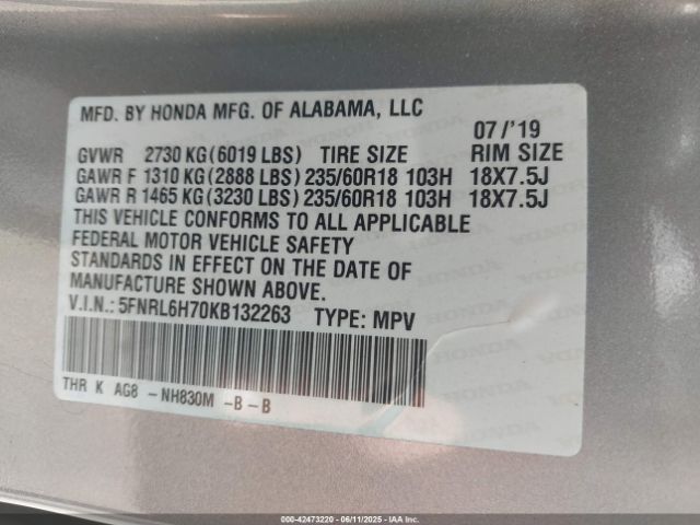 2019 HONDA ODYSSEY 5FNRL6H70KB132263 Photo 8