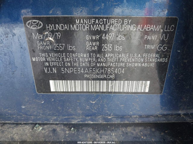 Aukcja sprzedaży 2019 Hyundai Sonata Sel, vin: 5NPE34AF5KH785404, numer aukcji: 42473258