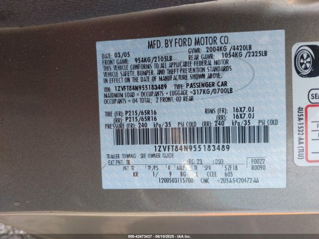 2005 FORD MUSTANG 1ZVFT84N955183489 Photo 8