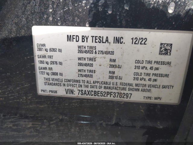 7SAXCBE52PF376297 Tesla 2023