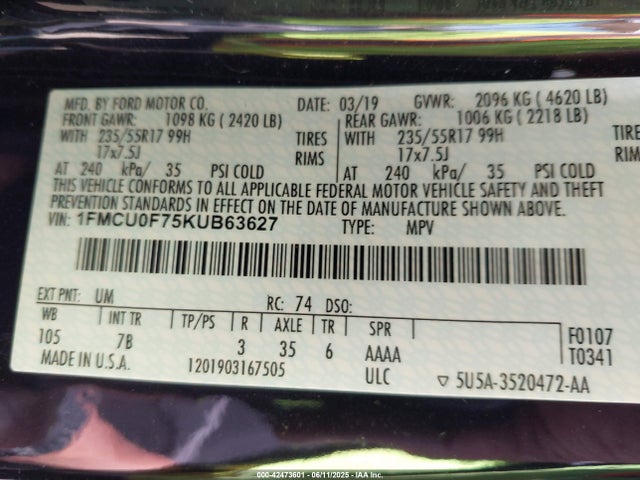 1FMCU0F75KUB63627 Ford 2.5l i-vct